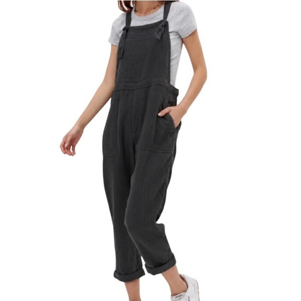 Aerie Charcoal Gray Crinkle Gauze Cotton Overalls Tie Strap Jumpsuit XS